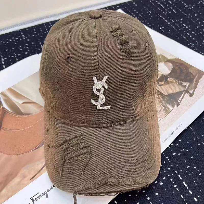 Saint Laurent Baseball Cap In Washed Denim with Cassandre Crystals Brown 0116