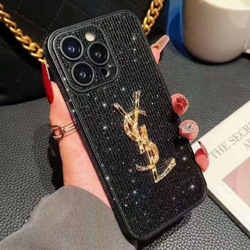 Saint Laurent Cassandre iPhone Case In Silicon with Glitter Crystals Black 0115