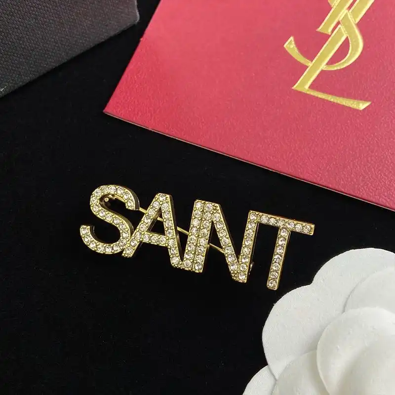 CHEAP Saint Laurent Logo Brooches Set In Metal and Crystal Gold 0126