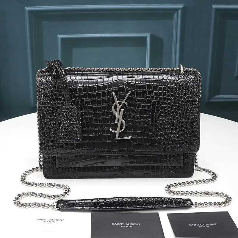 CHEAP Saint Laurent Medium Sunset Chain Bag In Crocodile Embossed Leather Black Silver 0124