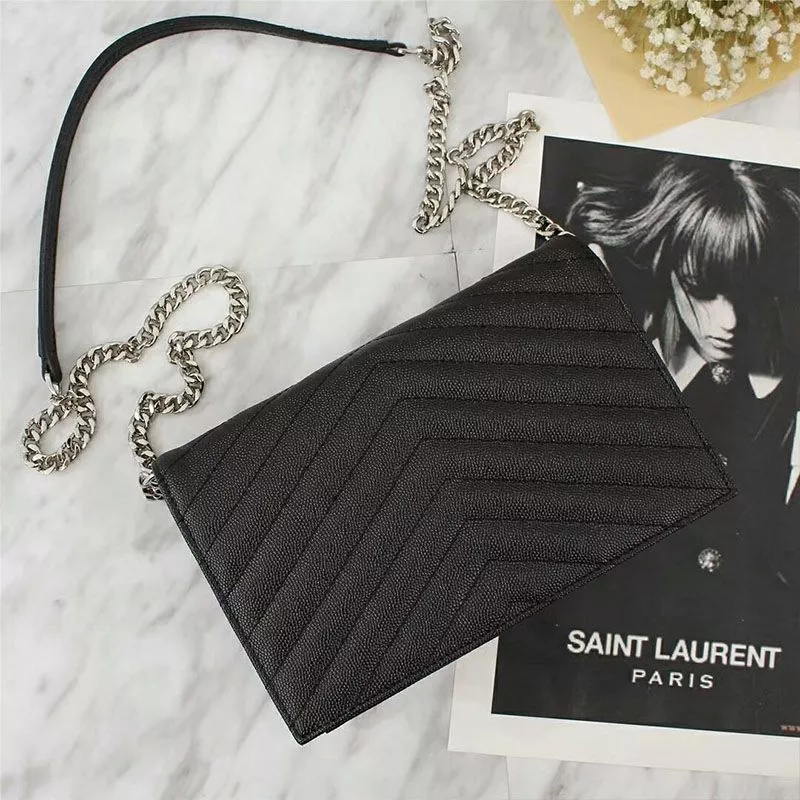 CHEAP Saint Laurent Large Envelope Chain Wallet In Textured Matelasse Leather Black Silver 0117