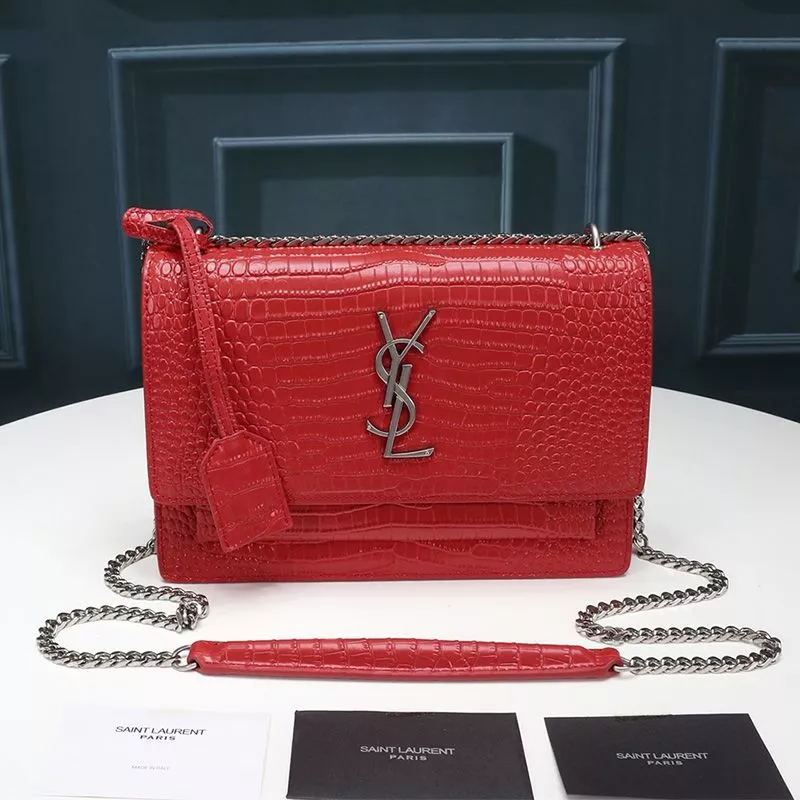 Saint Laurent Medium Sunset Chain Bag In Crocodile Embossed Leather Red Silver 0113