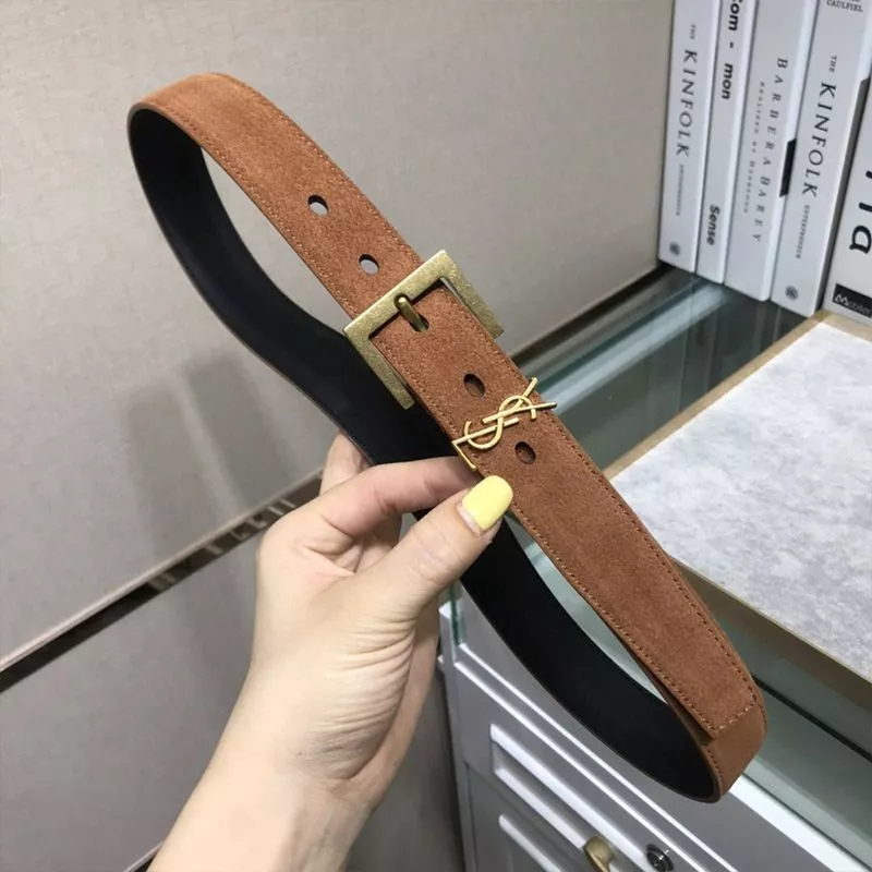 CHEAP Saint Laurent Monogram Belt With Square Buckle In Suede Brown Gold 0120