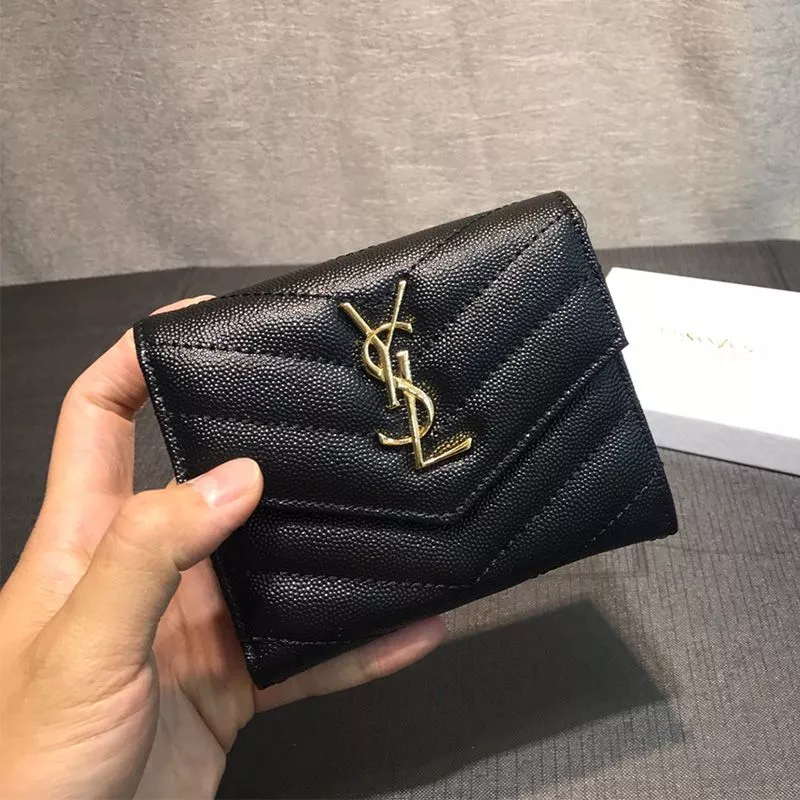 CHEAP Saint Laurent Small Envelope Trifold Wallet In Grained Matelasse Leather Black Gold 0118