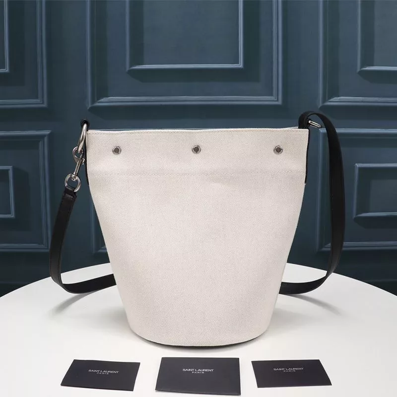 CHEAP Saint Laurent Rive Gauche Bucket Bag In Linen And Leather White 0114