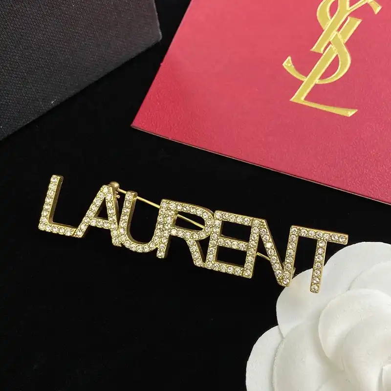 CHEAP Saint Laurent Logo Brooches Set In Metal and Crystal Gold 0126