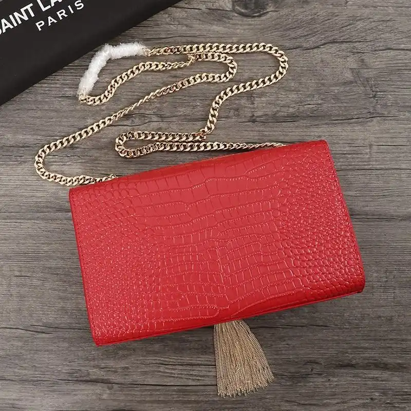 CHEAP Saint Laurent Medium Kate Chain Bag with Tassel In Crocodile Embossed Shiny Leather Red Gold 0124