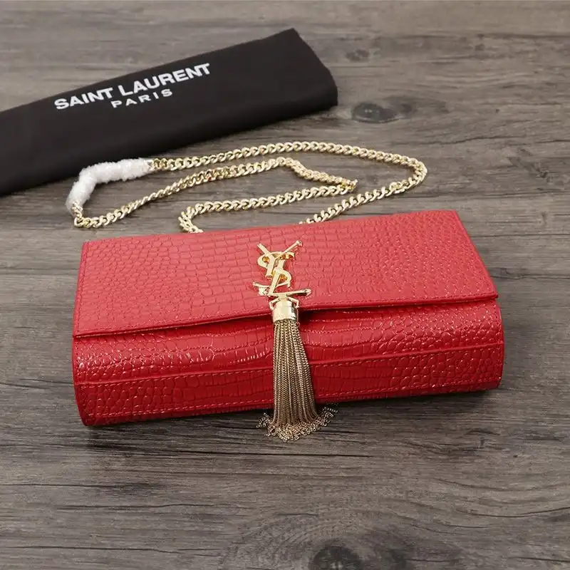 CHEAP Saint Laurent Medium Kate Chain Bag with Tassel In Crocodile Embossed Shiny Leather Red Gold 0124