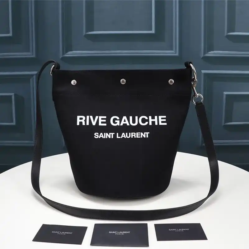 CHEAP Saint Laurent Rive Gauche Bucket Bag In Linen And Leather Black 0124