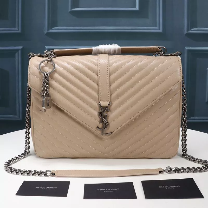 Saint Laurent Large Classic College Chain Bag In Matelasse Leather Apricot Silver 0114