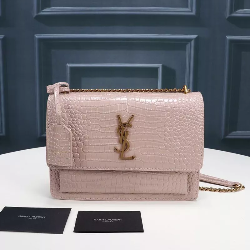 Saint Laurent Medium Sunset Chain Bag In Crocodile Embossed Leather Pink Gold 0113