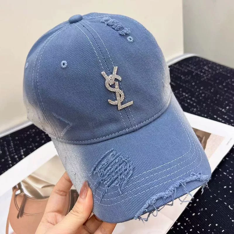 CHEAP Saint Laurent Baseball Cap In Washed Denim with Cassandre Crystals Blue 0120