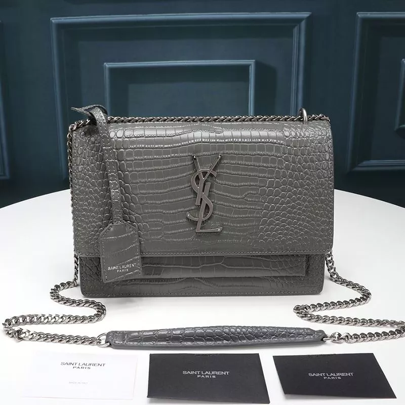 Saint Laurent Medium Sunset Chain Bag In Crocodile Embossed Leather Grey Silver 0114