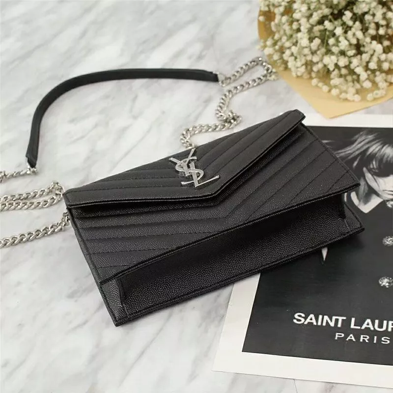 CHEAP Saint Laurent Large Envelope Chain Wallet In Textured Matelasse Leather Black Silver 0117