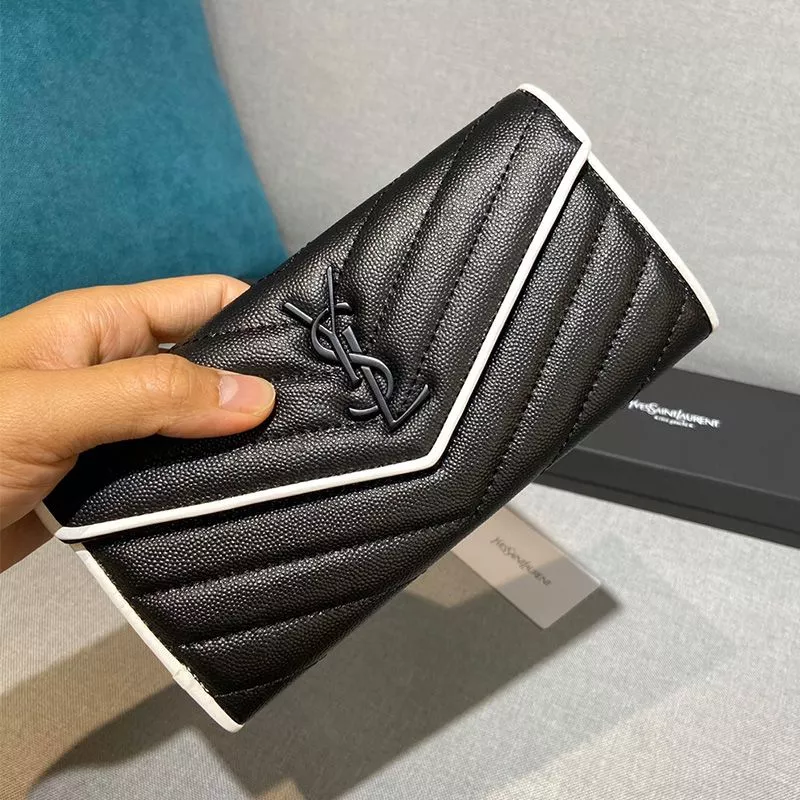 Saint Laurent Large Monogram Flap Wallet In Grained Matelasse Leather Black White 0117