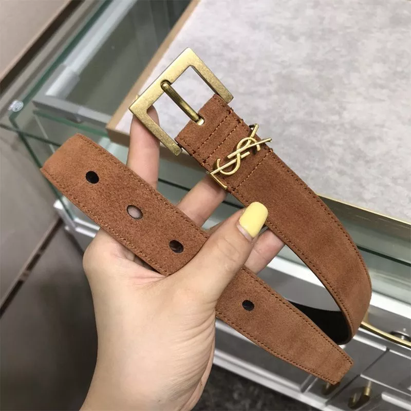 CHEAP Saint Laurent Monogram Belt With Square Buckle In Suede Brown Gold 0120