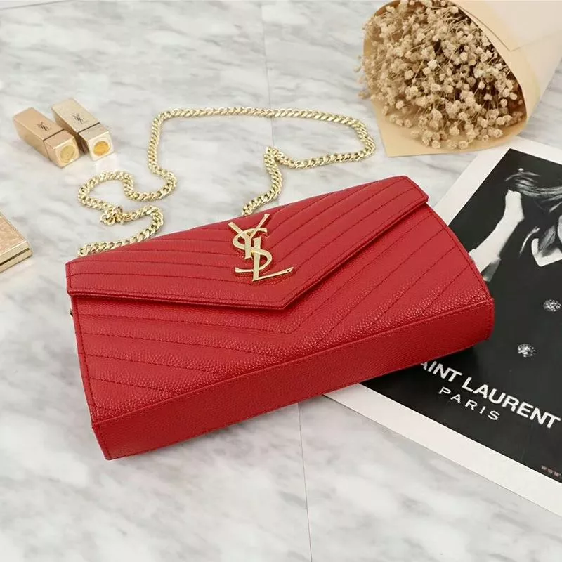 CHEAP Saint Laurent Large Monogram Chain Wallet In Grained Matelasse Leather Red Gold 0117