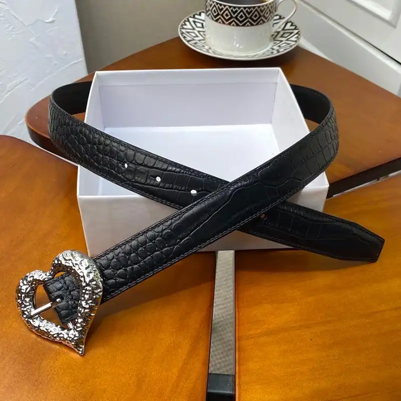 CHEAP Saint Laurent Heart Belt In Crocodile Embossed Leather Black Silver 0130