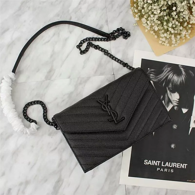 Saint Laurent Large Envelope Chain Wallet In Textured Matelasse Leather Black 0117