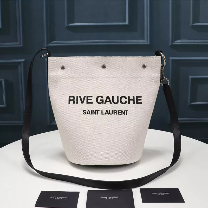 Saint Laurent Rive Gauche Bucket Bag In Linen And Leather White 0114