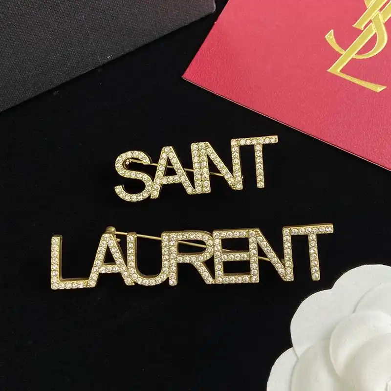 CHEAP Saint Laurent Logo Brooches Set In Metal and Crystal Gold 0126