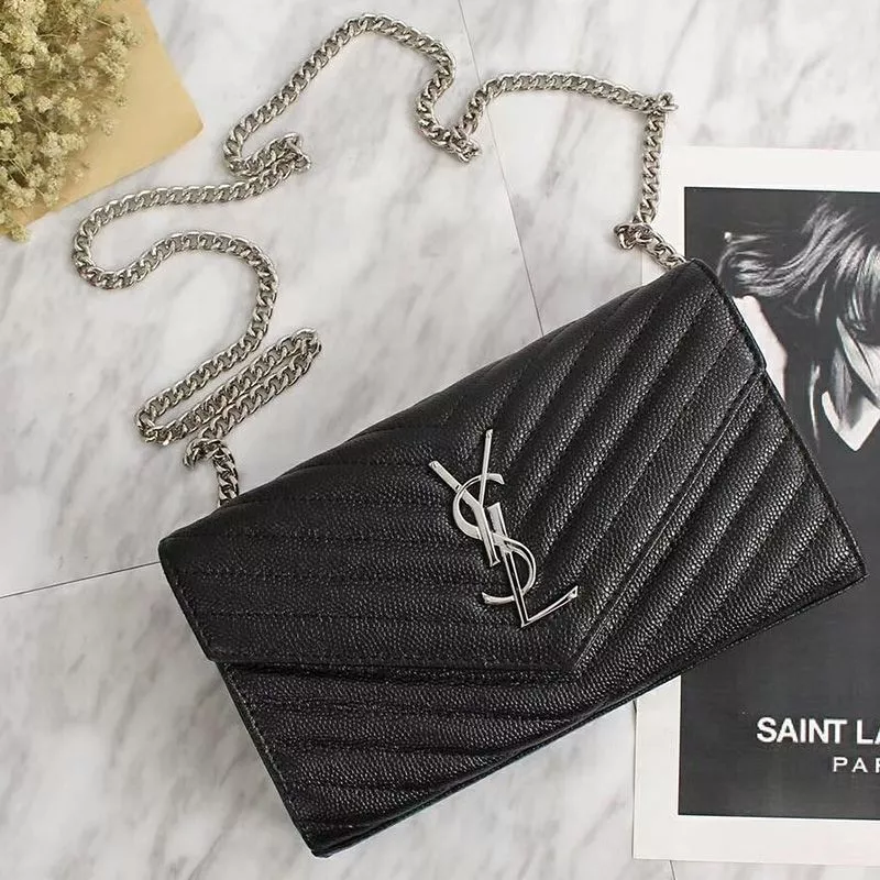 Saint Laurent Large Monogram Chain Wallet In Grained Matelasse Leather Black Silver 0112