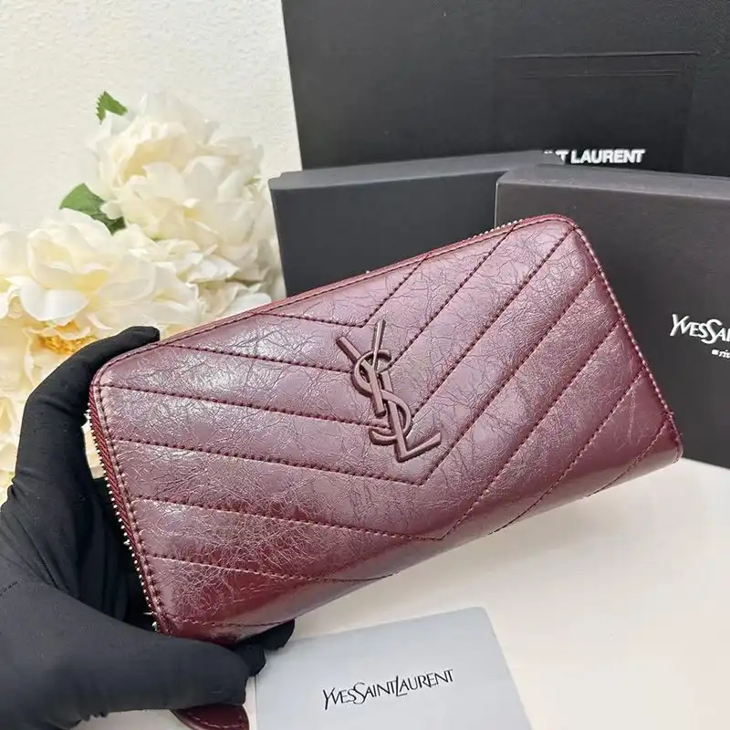 CHEAP Saint Laurent Large Cassandra Zip Around Wallet In Crinkled Matelasse Leather Burgundy 0129