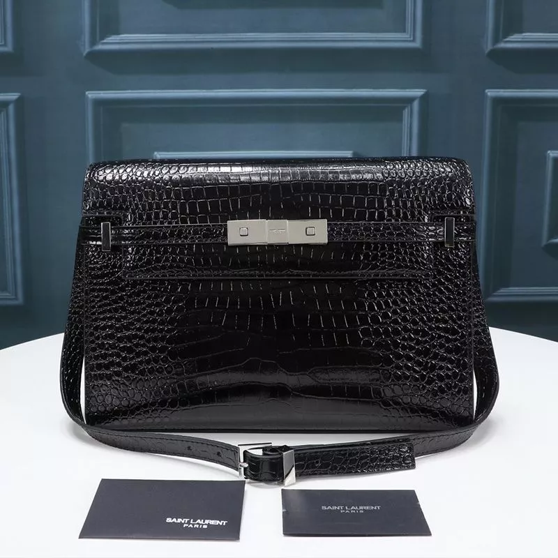 Saint Laurent Manhattan Shoulder Bag In Crocodile-Embossed Shiny Leather Black Silver 0113