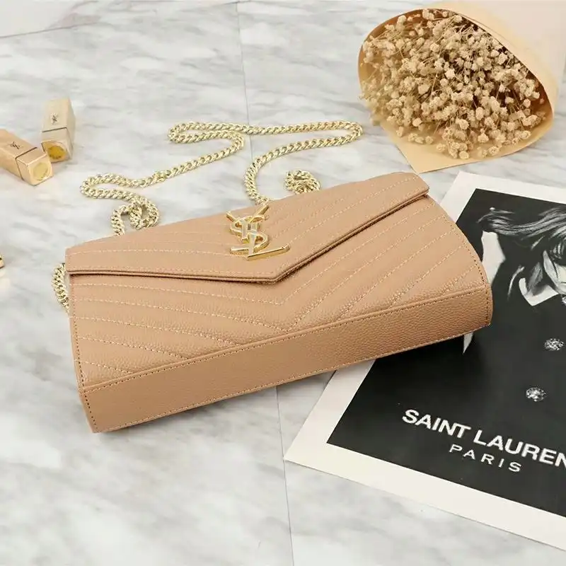 CHEAP Saint Laurent Large Monogram Chain Wallet In Grained Matelasse Leather Apricot Gold 0122