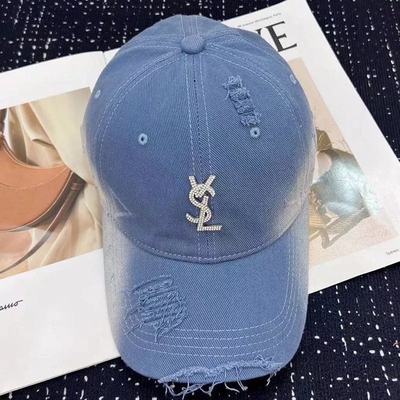 CHEAP Saint Laurent Baseball Cap In Washed Denim with Cassandre Crystals Blue 0120