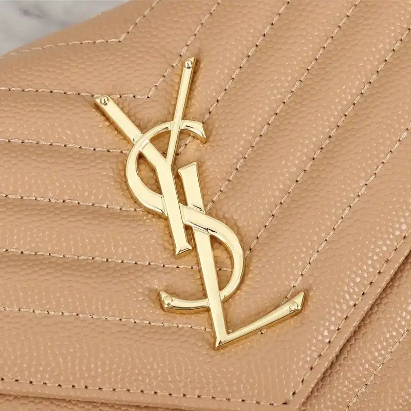 CHEAP Saint Laurent Large Monogram Chain Wallet In Grained Matelasse Leather Apricot Gold 0122