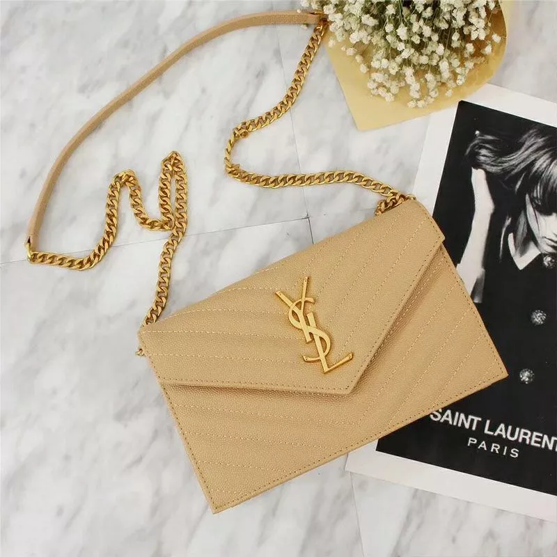 Saint Laurent Large Envelope Chain Wallet In Textured Matelasse Leather Apricot Gold 0117