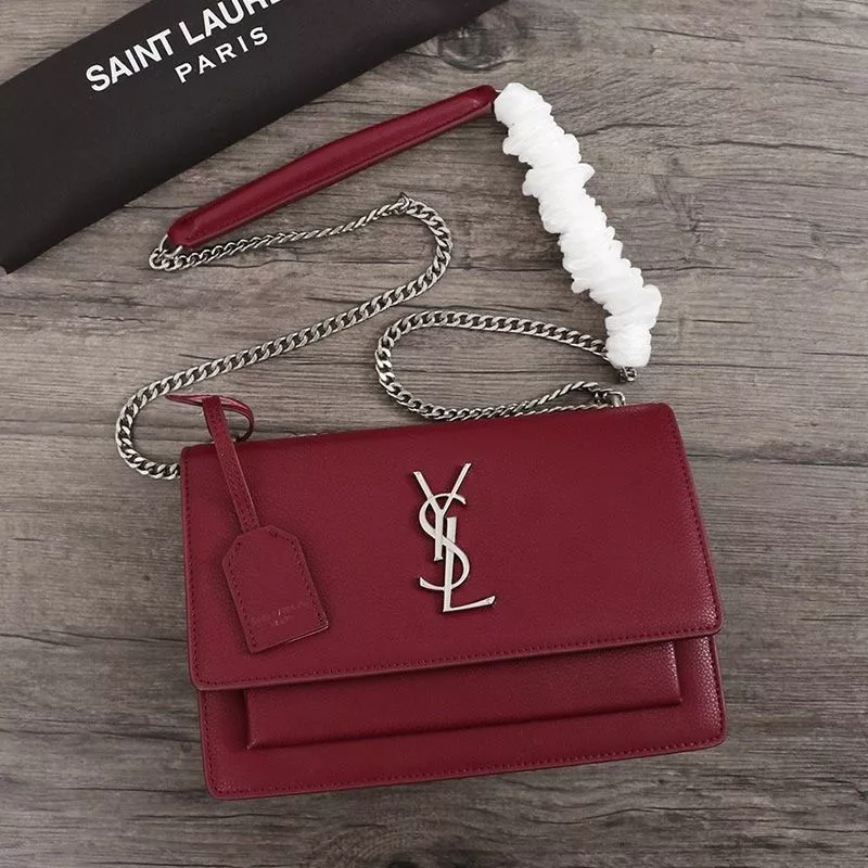 Saint Laurent Medium Sunset Chain Bag In Textured Leather Burgundy Silver 0114