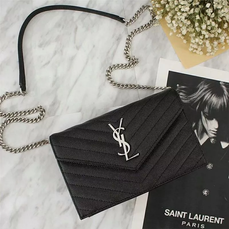 Saint Laurent Large Envelope Chain Wallet In Textured Matelasse Leather Black Silver 0117