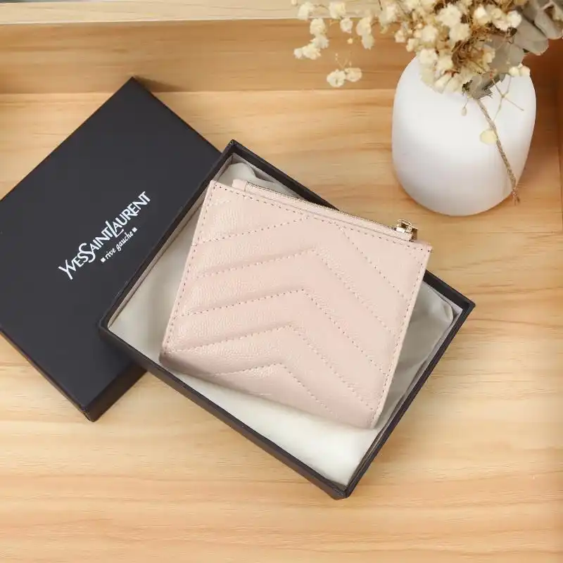 CHEAP Saint Laurent Monogram Zipped Bifold Card Case In Grained Matelasse Leather Pink Gold 0122