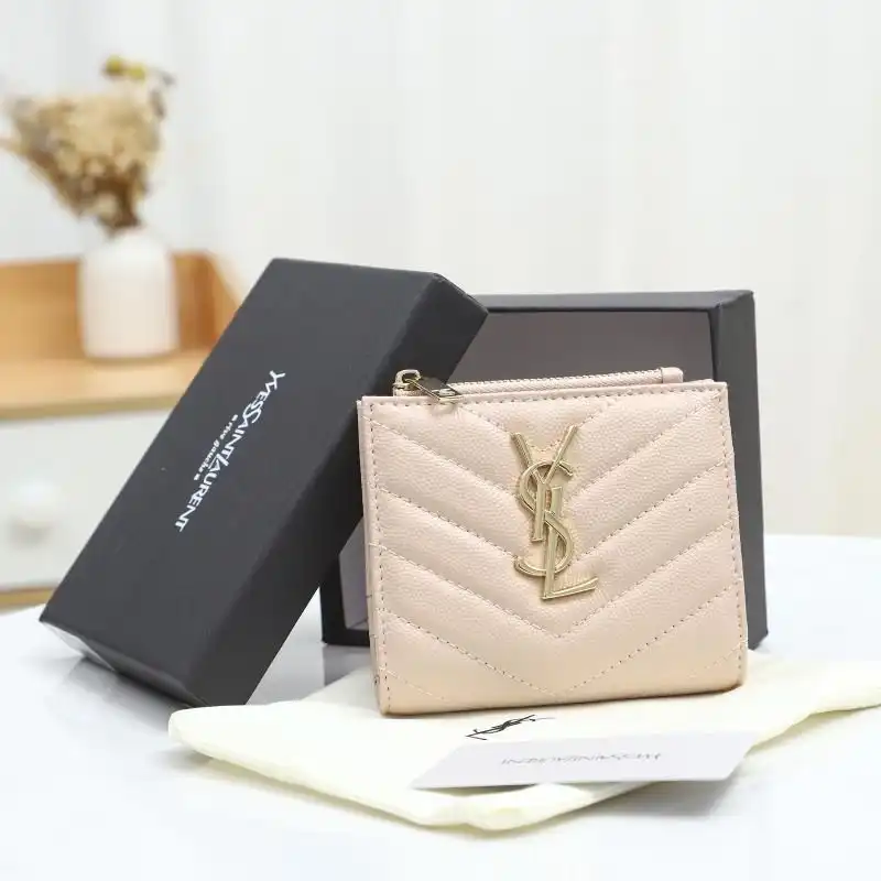 CHEAP Saint Laurent Monogram Zipped Bifold Card Case In Grained Matelasse Leather Pink Gold 0122