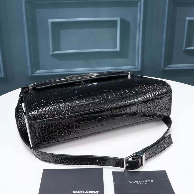 CHEAP Saint Laurent Manhattan Shoulder Bag In Crocodile-Embossed Shiny Leather Black Silver 0113