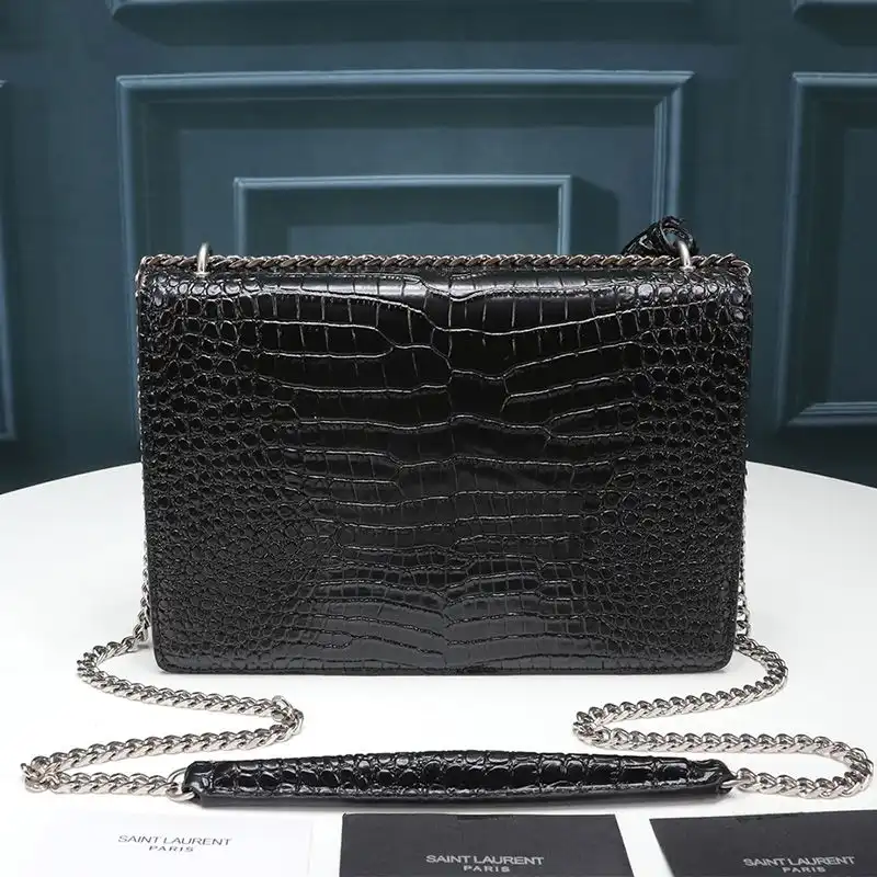 CHEAP Saint Laurent Medium Sunset Chain Bag In Crocodile Embossed Leather Black Silver 0124