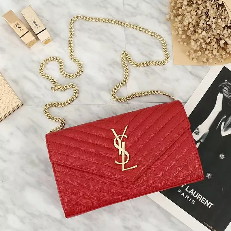 Saint Laurent Large Monogram Chain Wallet In Grained Matelasse Leather Red Gold 0117