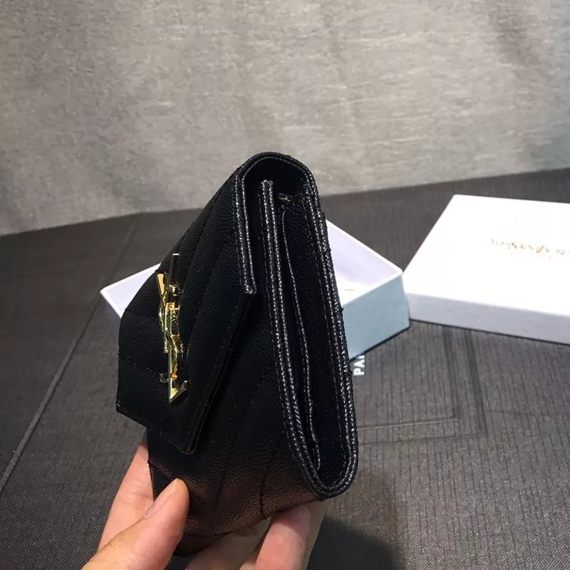 CHEAP Saint Laurent Small Envelope Trifold Wallet In Grained Matelasse Leather Black Gold 0118