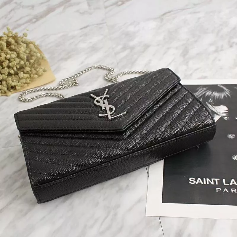 CHEAP Saint Laurent Large Monogram Chain Wallet In Grained Matelasse Leather Black Silver 0112