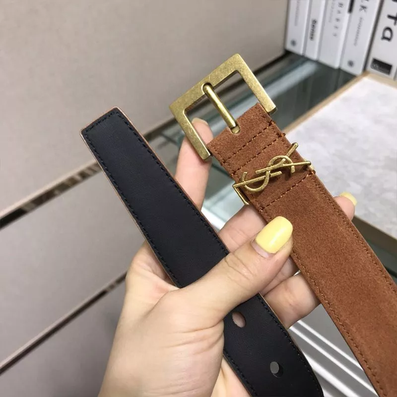 CHEAP Saint Laurent Monogram Belt With Square Buckle In Suede Brown Gold 0120