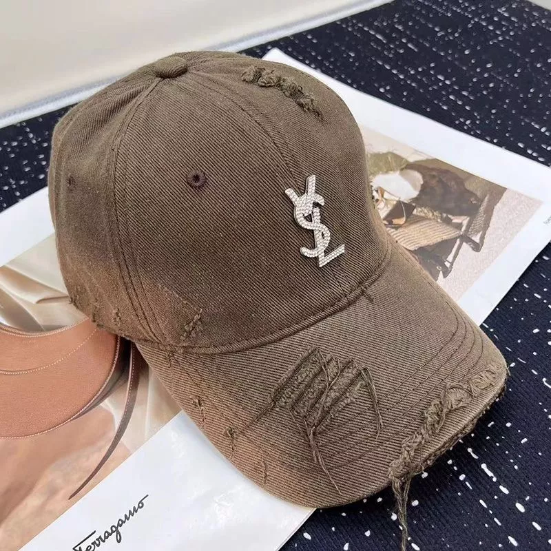 CHEAP Saint Laurent Baseball Cap In Washed Denim with Cassandre Crystals Brown 0116