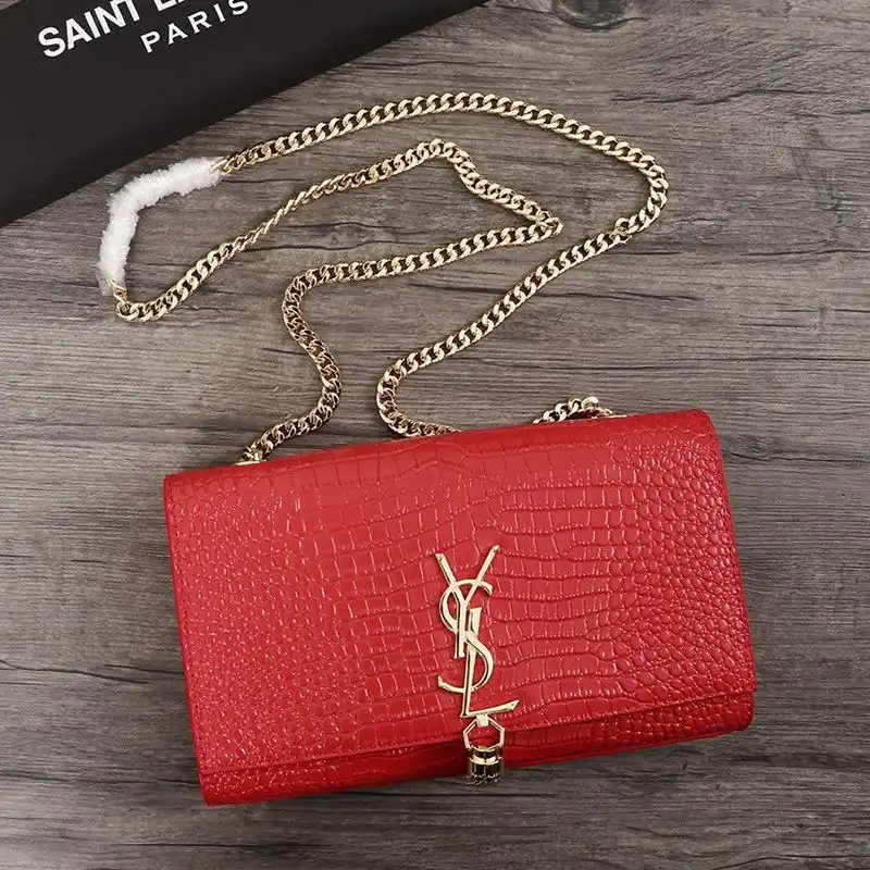 CHEAP Saint Laurent Medium Kate Chain Bag with Tassel In Crocodile Embossed Shiny Leather Red Gold 0124