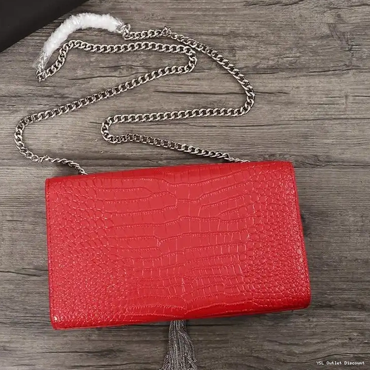 CHEAP Shiny Embossed Crocodile Silver with Leather Laurent Kate Bag Chain In Medium Saint Red Tassel 0224