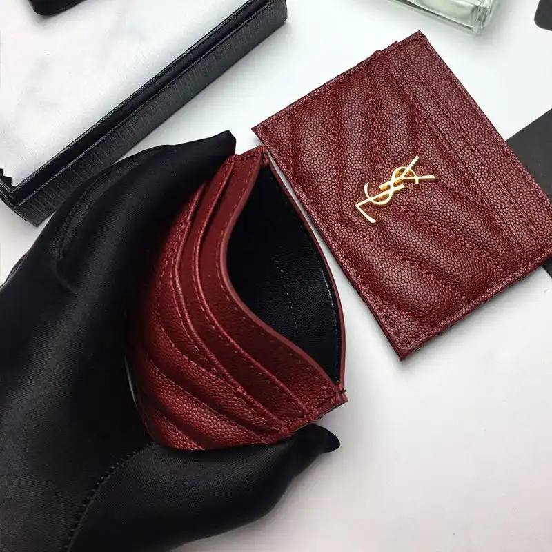 CHEAP Saint Laurent Monogram Card Case In Grained Matelasse Leather Burgundy Silver 0203