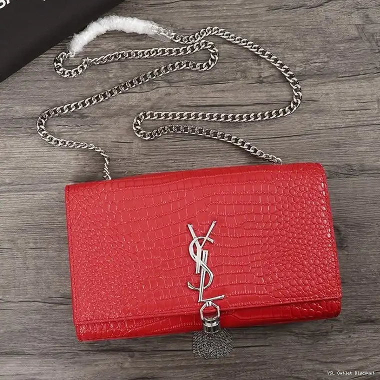 CHEAP Shiny Embossed Crocodile Silver with Leather Laurent Kate Bag Chain In Medium Saint Red Tassel 0224