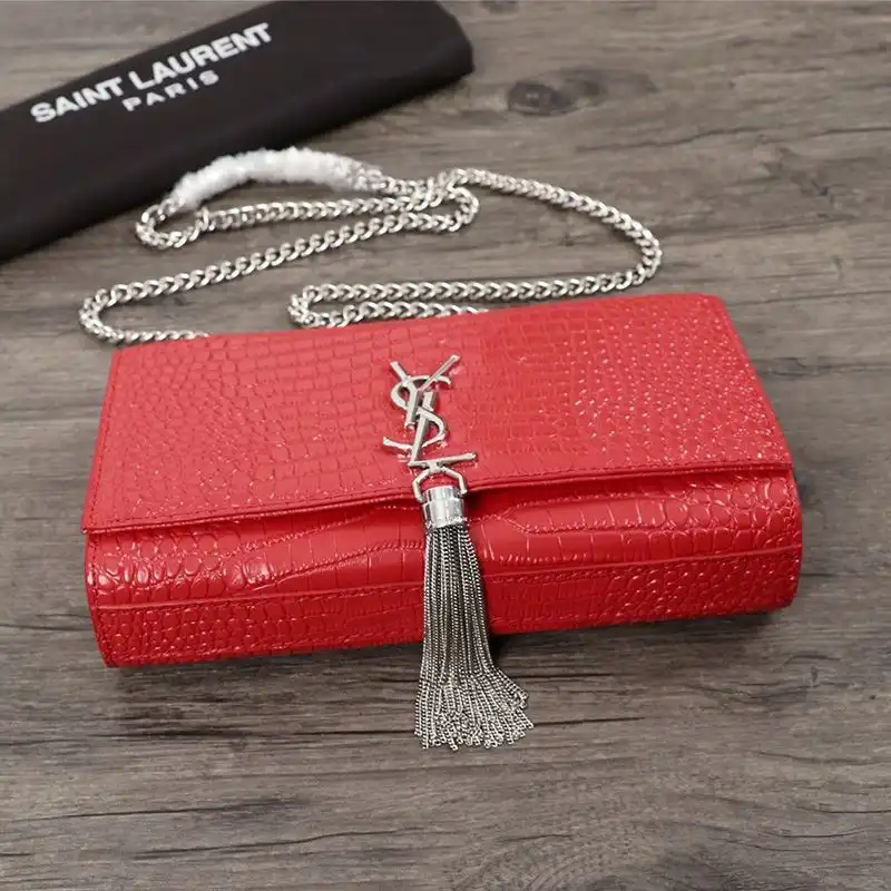 CHEAP Saint Laurent Medium Kate Chain Bag with Tassel In Crocodile Embossed Shiny Leather Red Silver 0204