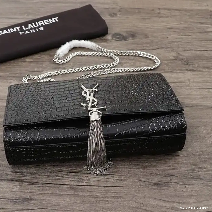 CHEAP Leather Laurent Tassel Crocodile Embossed Chain In Kate Medium Black Shiny Bag Saint Silver with 0214