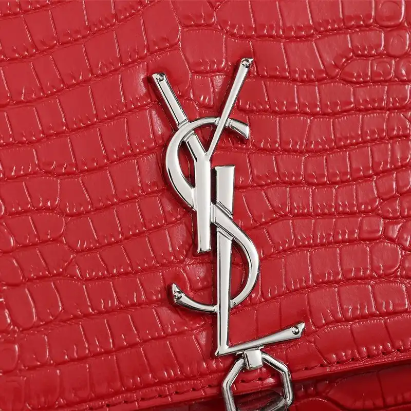 CHEAP Saint Laurent Medium Kate Chain Bag with Tassel In Crocodile Embossed Shiny Leather Red Silver 0204